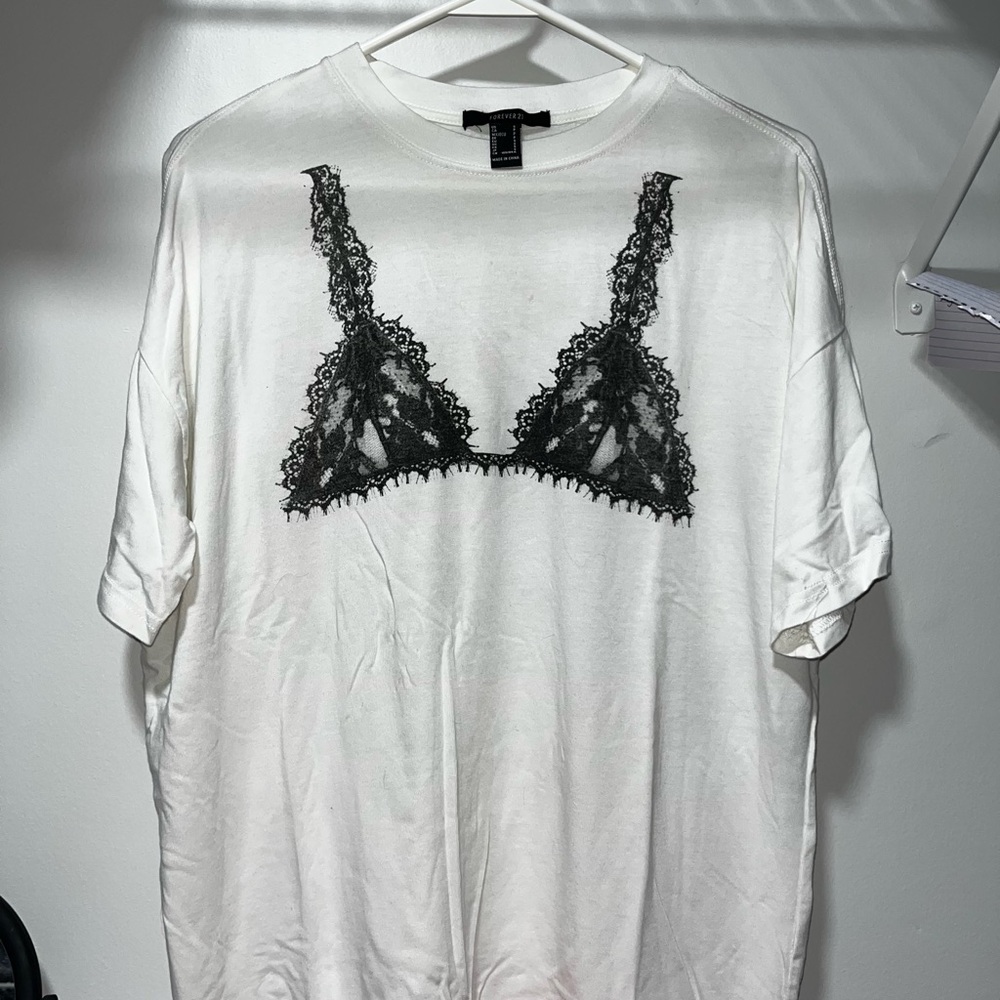Forever 21 White Tee with Black Lace Design